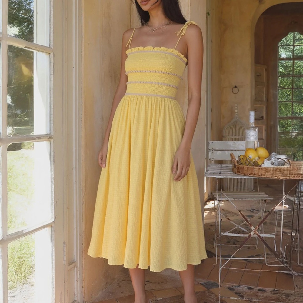 Lumiere Yellow Smocked Tie-Strap Maxi Dress Crinkle Cotton • S